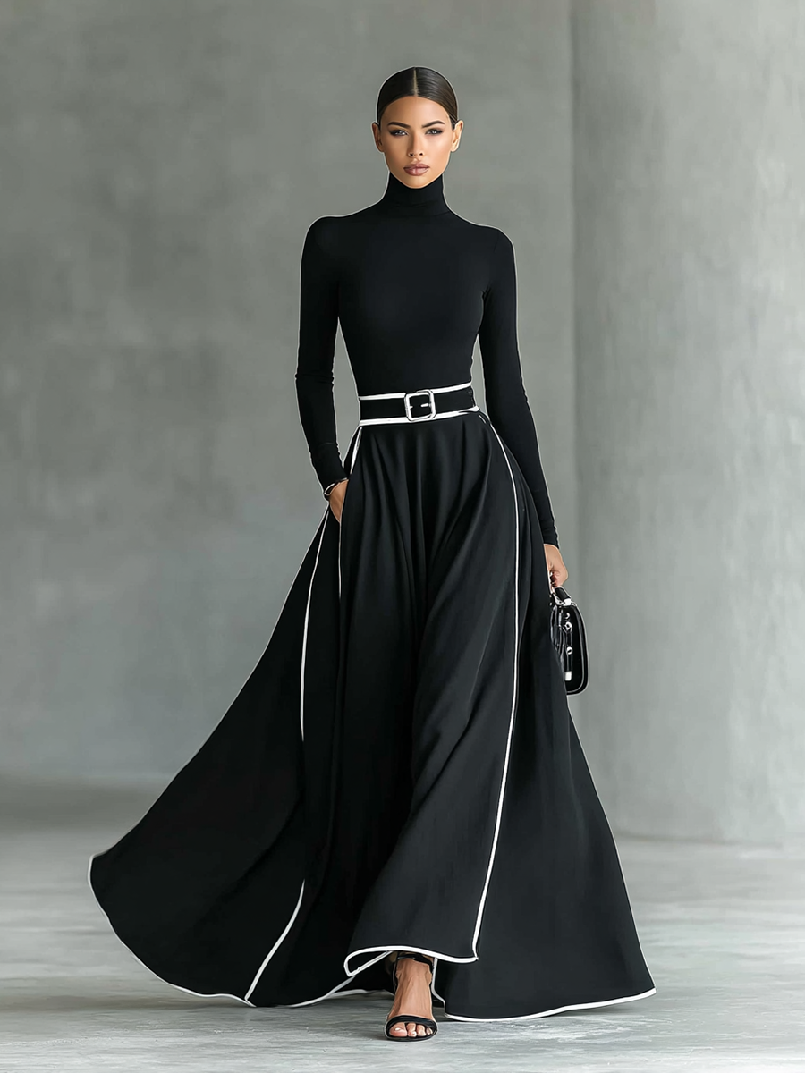White long sleeve maxi dress for women by Christine Brewer, flowing fabric, fitted waist, and full-length design.