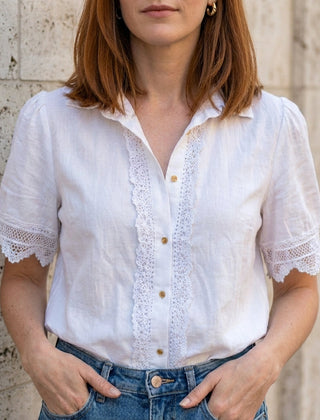 White women's summer blouse with V-neck, short sleeves, and lace details from Christine Brewer, perfect for warm weather.