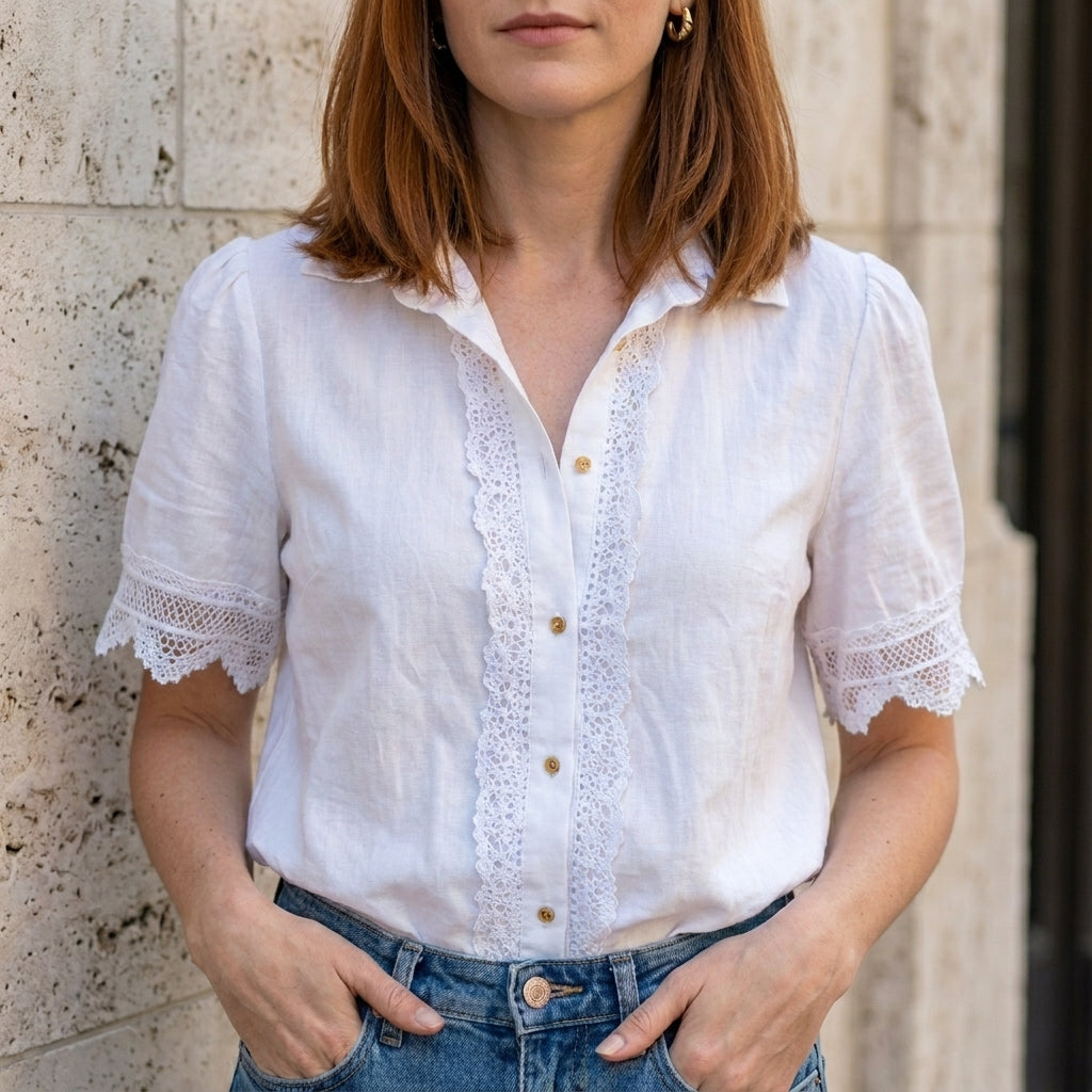 White women's summer blouse with V-neck, short sleeves, and lace details from Christine Brewer, perfect for warm weather.