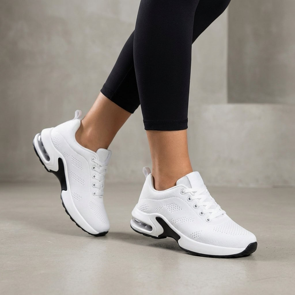 White knit women's sneakers from Christine Brewer, stylish and comfortable women's shoes with a soft, textured fabric design.