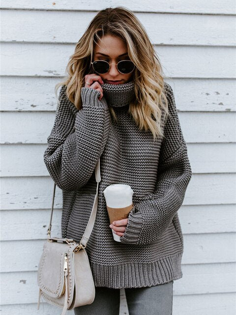 Christine Brewer Simone oversized turtleneck sweater for women, solid color, long-sleeved, warm winter knitted blouse.