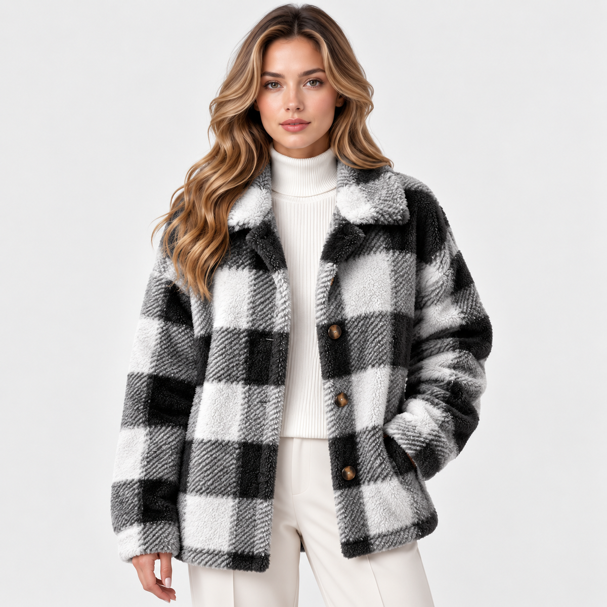 Geraldine | Plaid Button-Front Fleece Jacket for Women