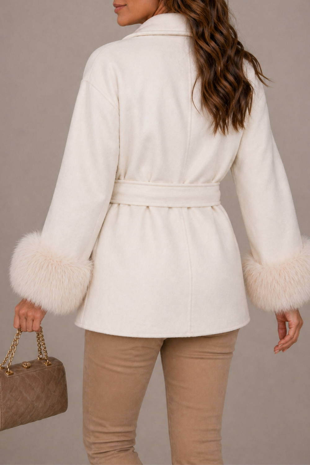 Elegant women's tailored wrap coat by Christine Brewer featuring a belted design and classic style, perfect for sophisticated winter wear.