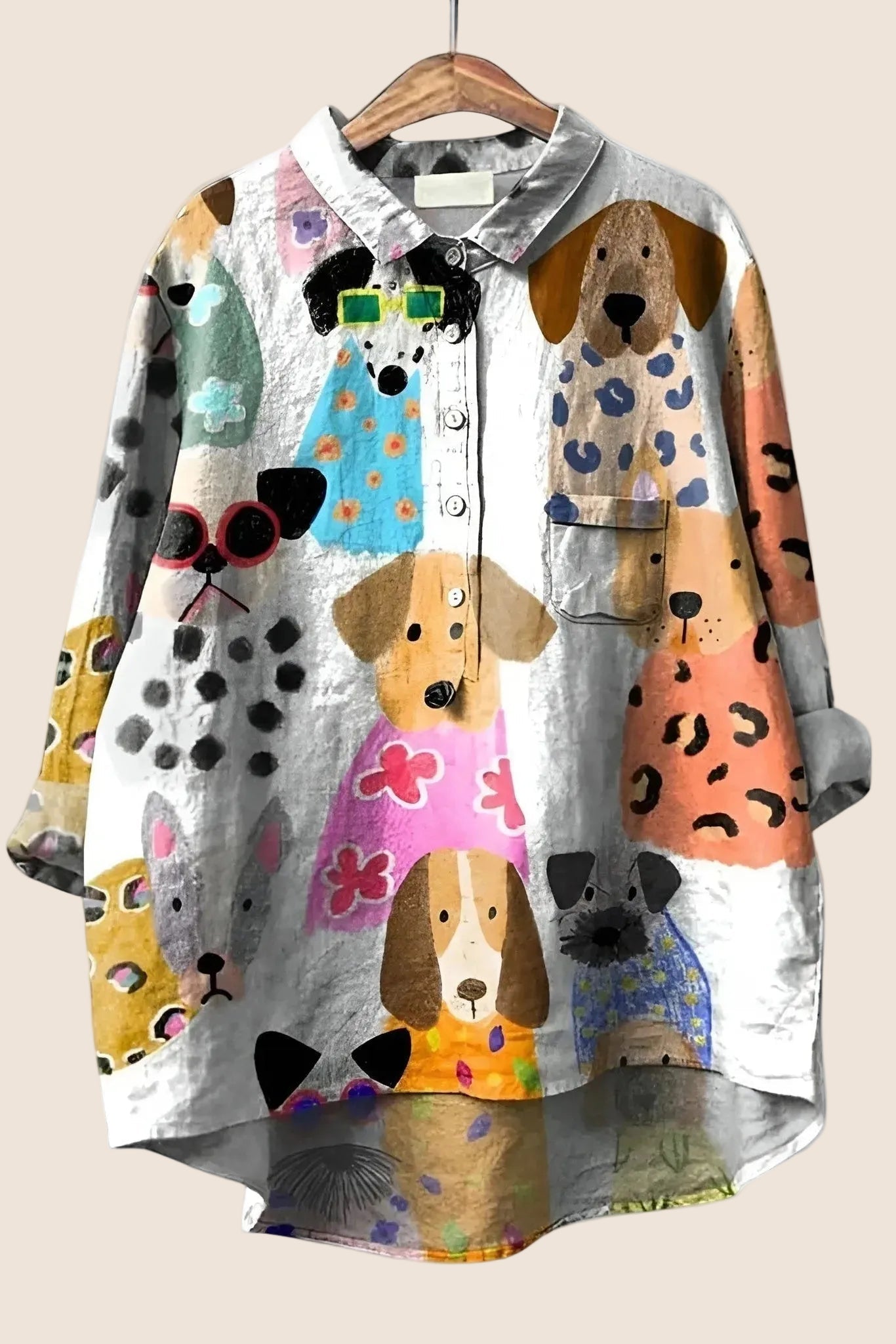 Women wearing the Christine Brewer Harper graphic button-up shirt with a relaxed dog print design.
