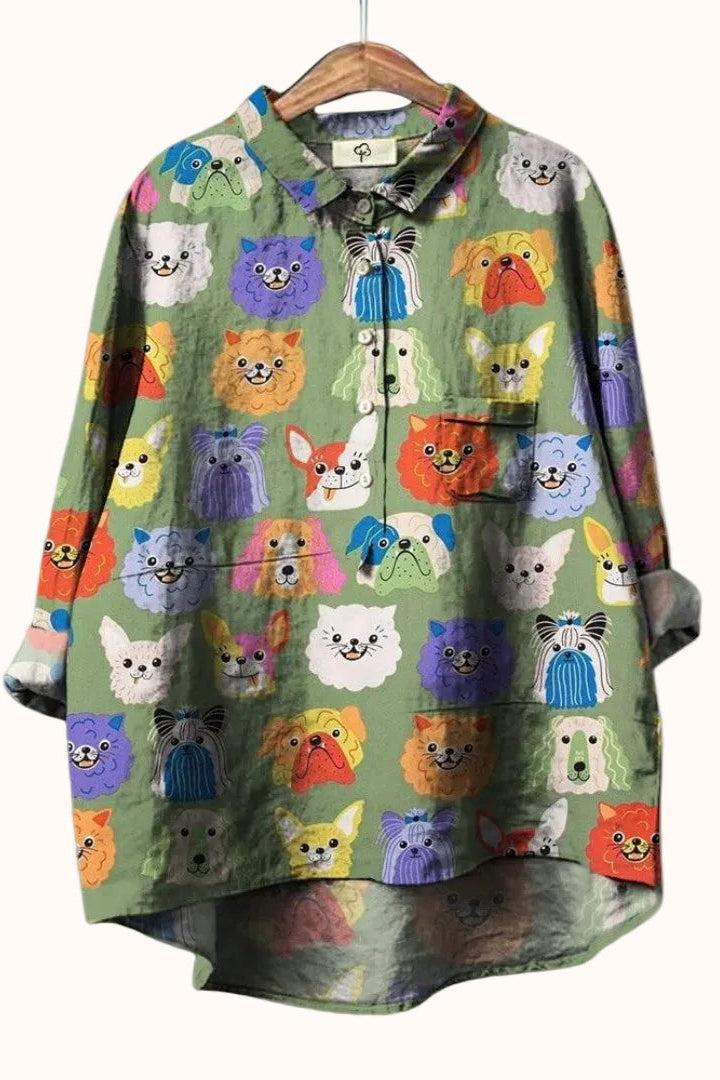 Women’s relaxed dog print button-up shirt by Christine Brewer, featuring a casual fit and playful graphic design.