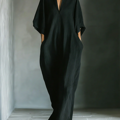 Summer maxi dress for women by Christine Brewer featuring a V-neck and kimono sleeves, flowing fabric and vibrant summer colors.