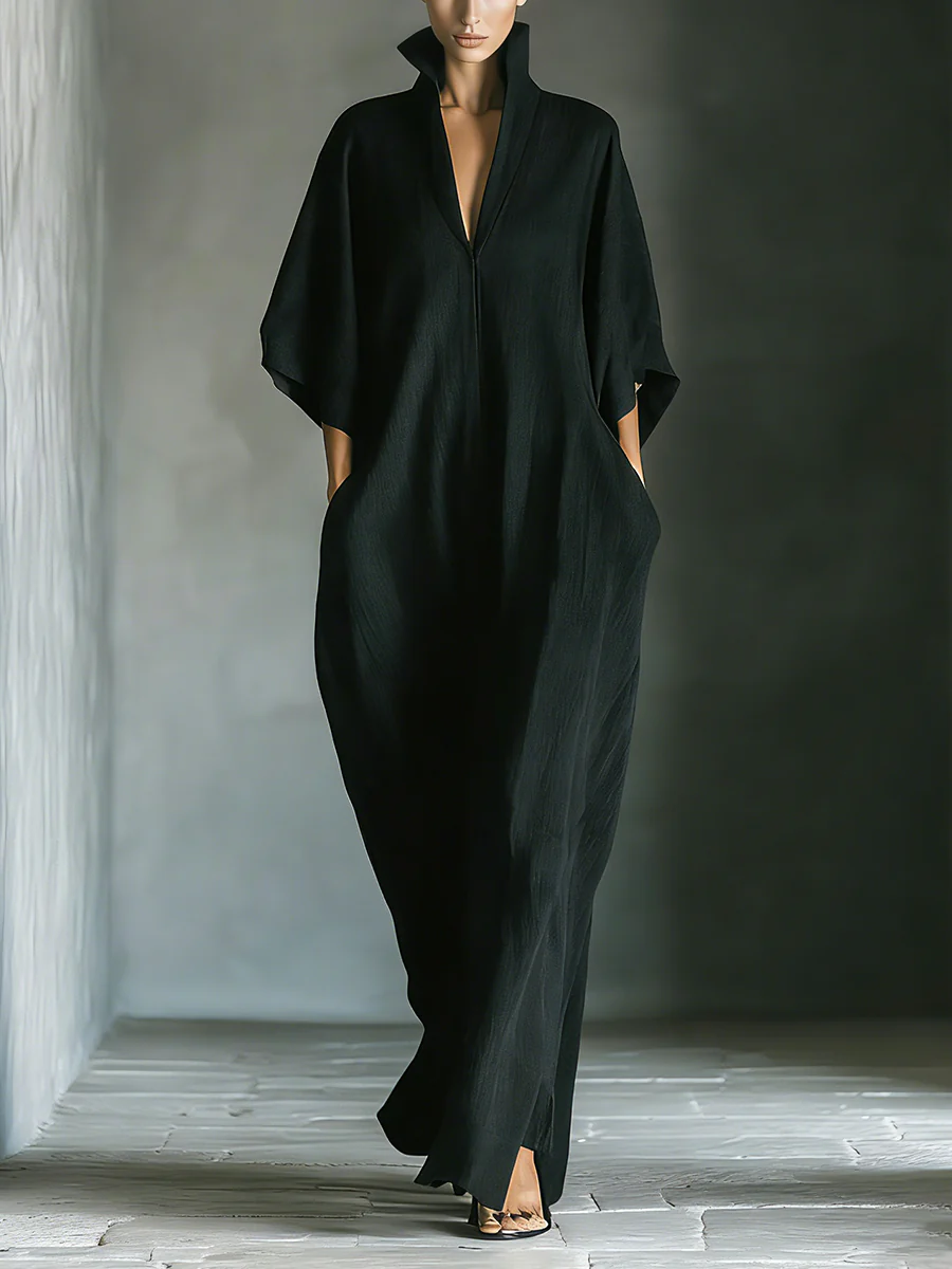 Summer maxi dress for women by Christine Brewer featuring a V-neck and kimono sleeves, flowing fabric and vibrant summer colors.