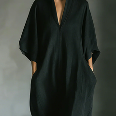 Women's summer maxi dress by Christine Brewer with V-neck and kimono sleeves, flowing lightweight fabric, and elegant style.