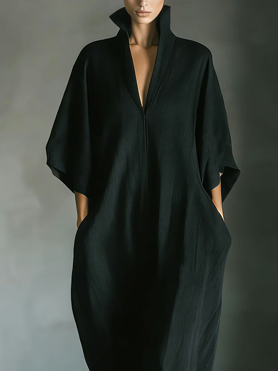 Women's summer maxi dress by Christine Brewer with V-neck and kimono sleeves, flowing lightweight fabric, and elegant style.