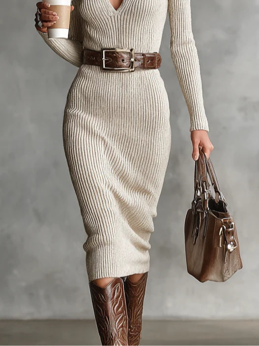 Primrose | Beige High Neck Sweater Dress for Women