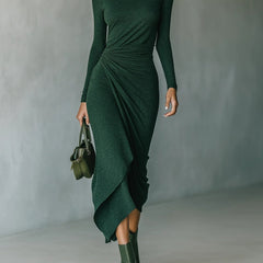 Elegant high neck knit midi dress for women by Christine Brewer, shown in a stylish, fitted design with long sleeves.
