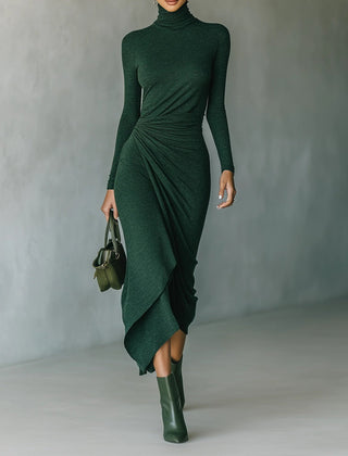 Elegant high neck knit midi dress for women by Christine Brewer, shown in a stylish, fitted design with long sleeves.