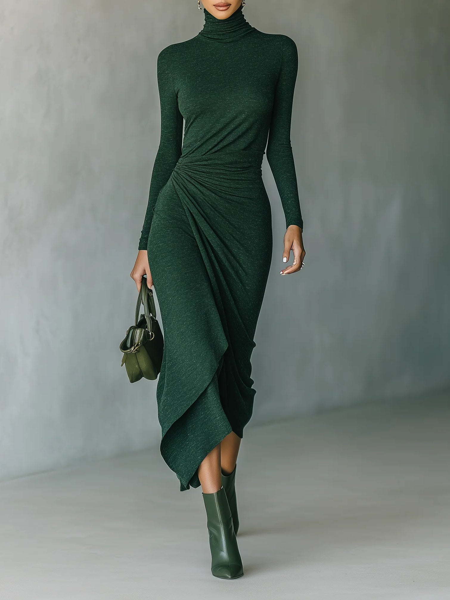Elegant high neck knit midi dress for women by Christine Brewer, shown in a stylish, fitted design with long sleeves.
