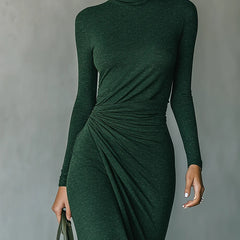 Elegant high neck knit midi dress for women by Christine Brewer, featuring a sophisticated design and soft fabric.