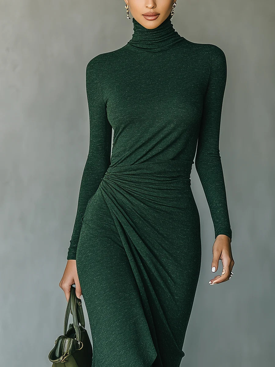 Elegant high neck knit midi dress for women by Christine Brewer, featuring a sophisticated design and soft fabric.