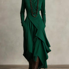 Green summer maxi dress for women with high neck and long sleeves by Christine Brewer, flowing and elegant.