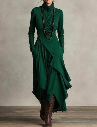 Green summer maxi dress for women with high neck and long sleeves by Christine Brewer, flowing and elegant.