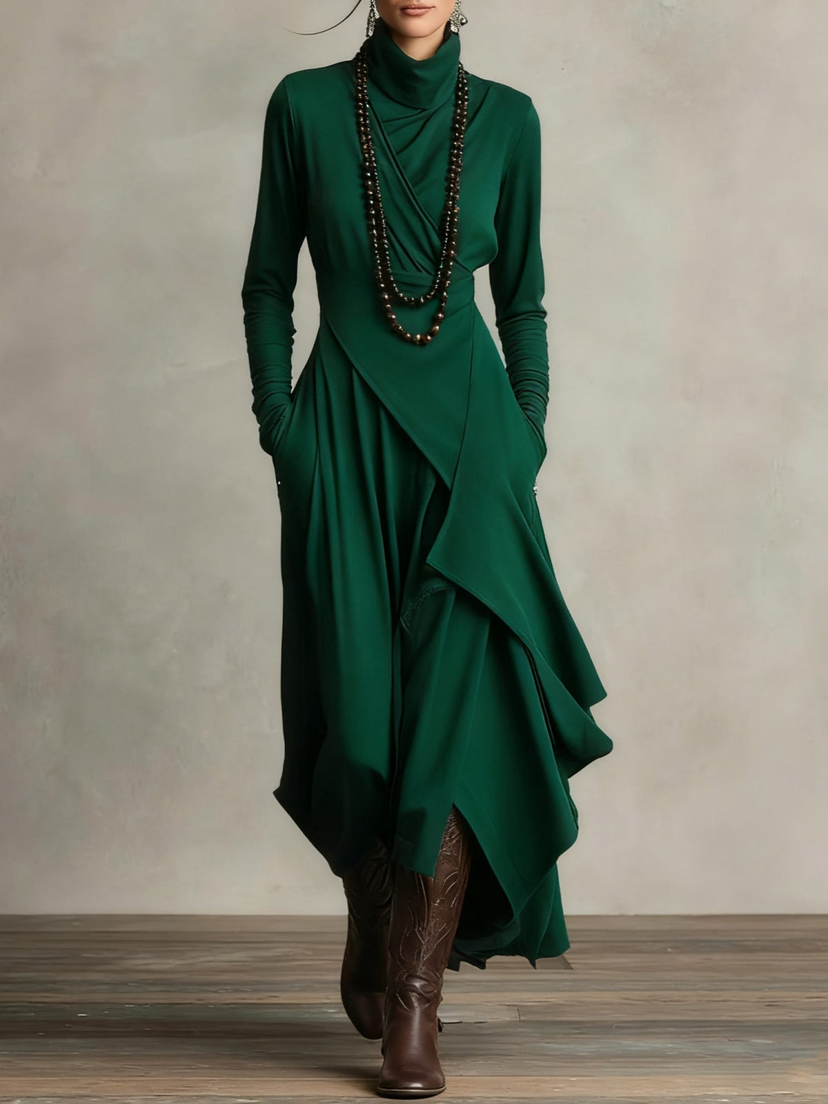 Green summer maxi dress for women with high neck and long sleeves by Christine Brewer, flowing and elegant.