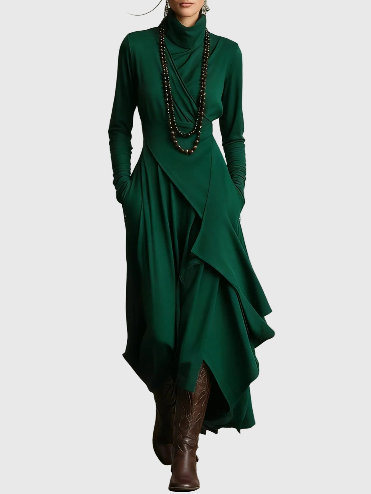 Violet | Maxi Dress Women Long Sleeve High Neck Draped Purple Boho Rayon Fall Winter