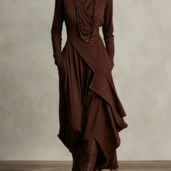 Brown high neck long sleeve summer maxi dress for women by Christine Brewer, flowing fabric and elegant design.