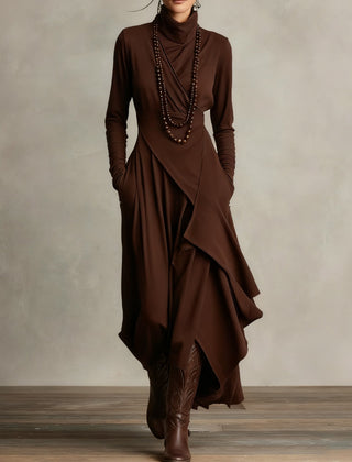 Brown high neck long sleeve summer maxi dress for women by Christine Brewer, flowing fabric and elegant design.