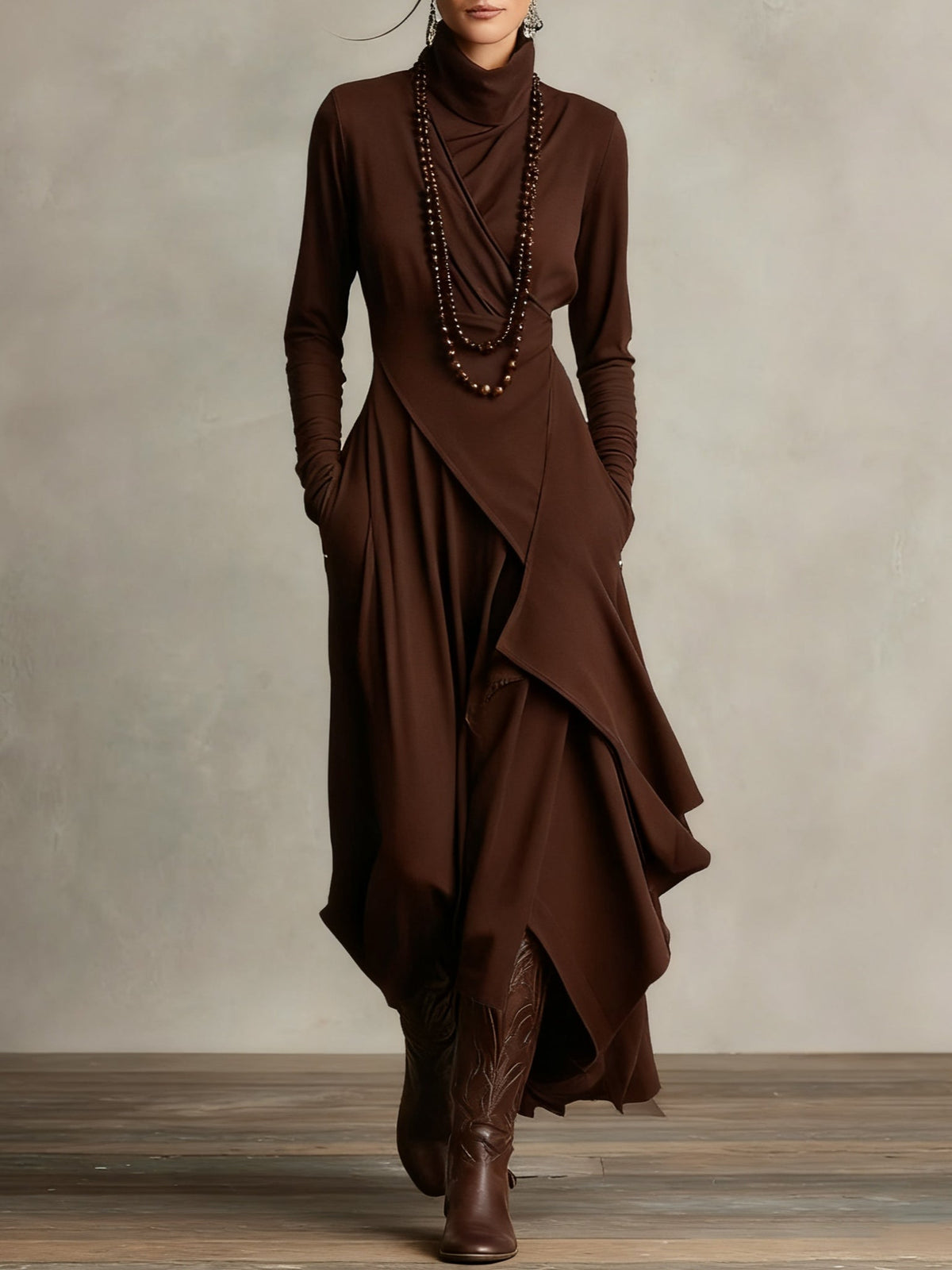 Brown high neck long sleeve summer maxi dress for women by Christine Brewer, flowing fabric and elegant design.