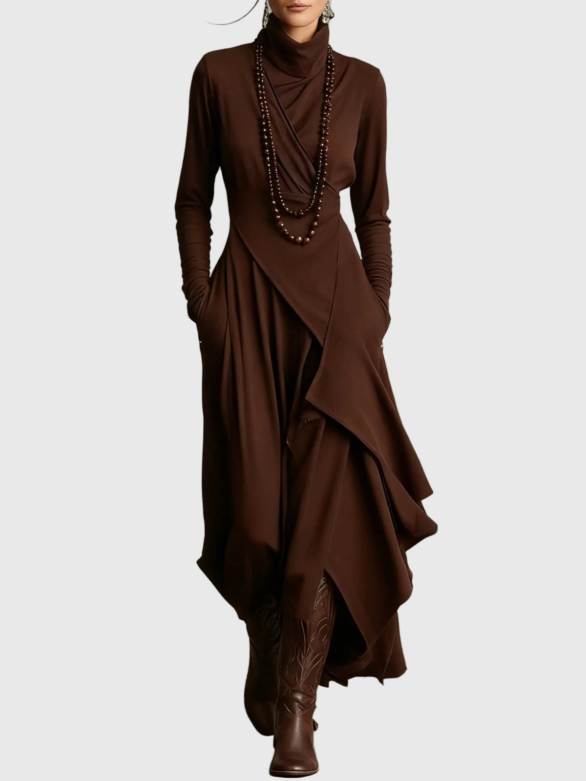 Violet | Maxi Dress Women Long Sleeve High Neck Draped Purple Boho Rayon Fall Winter