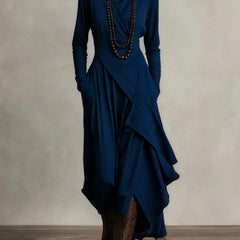 Navy summer maxi dress for women with high neck and long sleeves, stylish design by Christine Brewer.