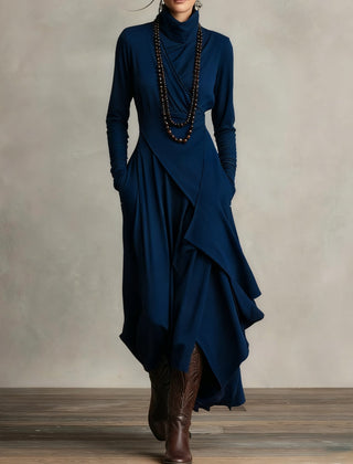 Navy summer maxi dress for women with high neck and long sleeves, stylish design by Christine Brewer.