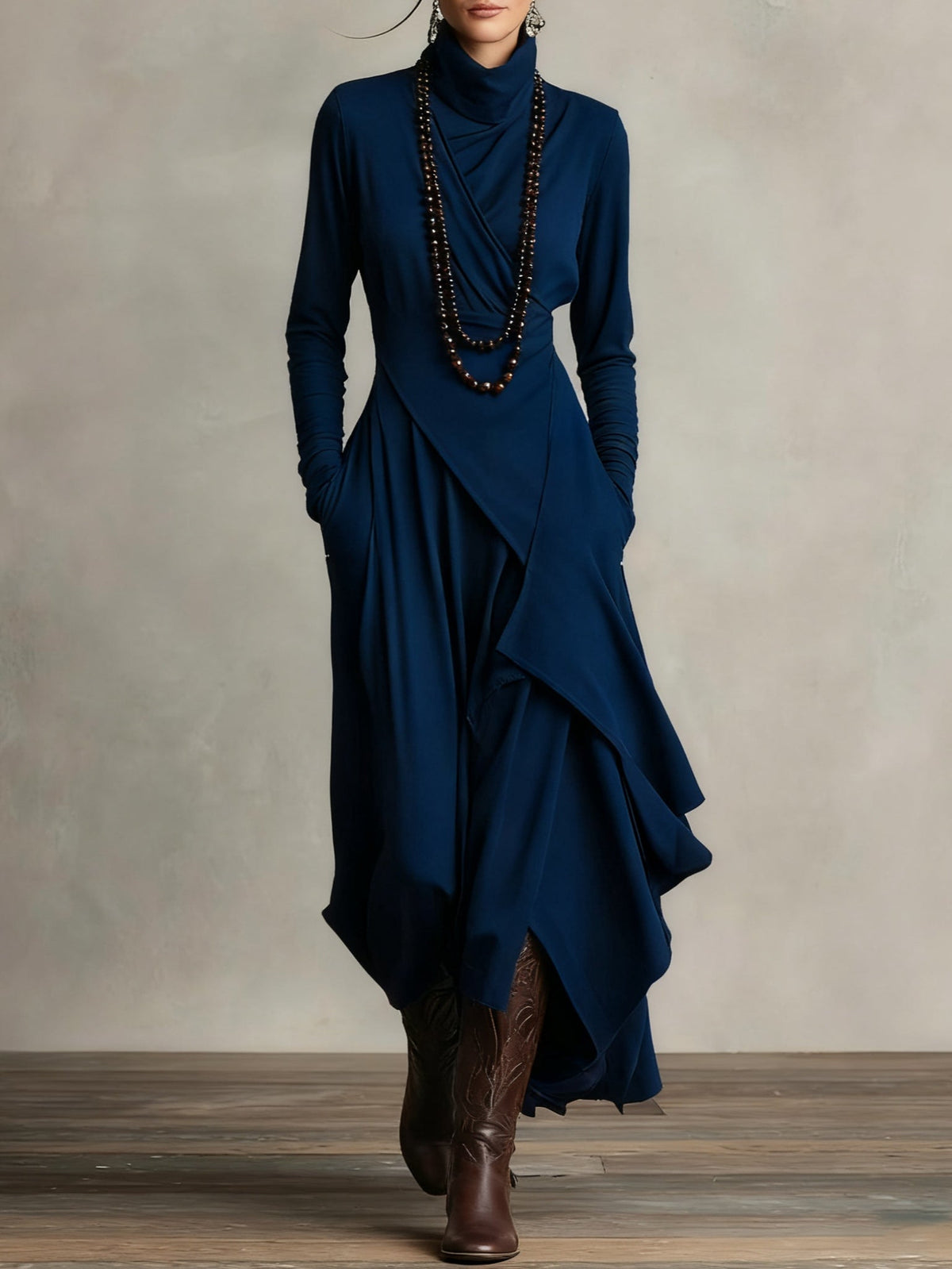 Navy summer maxi dress for women with high neck and long sleeves, stylish design by Christine Brewer.