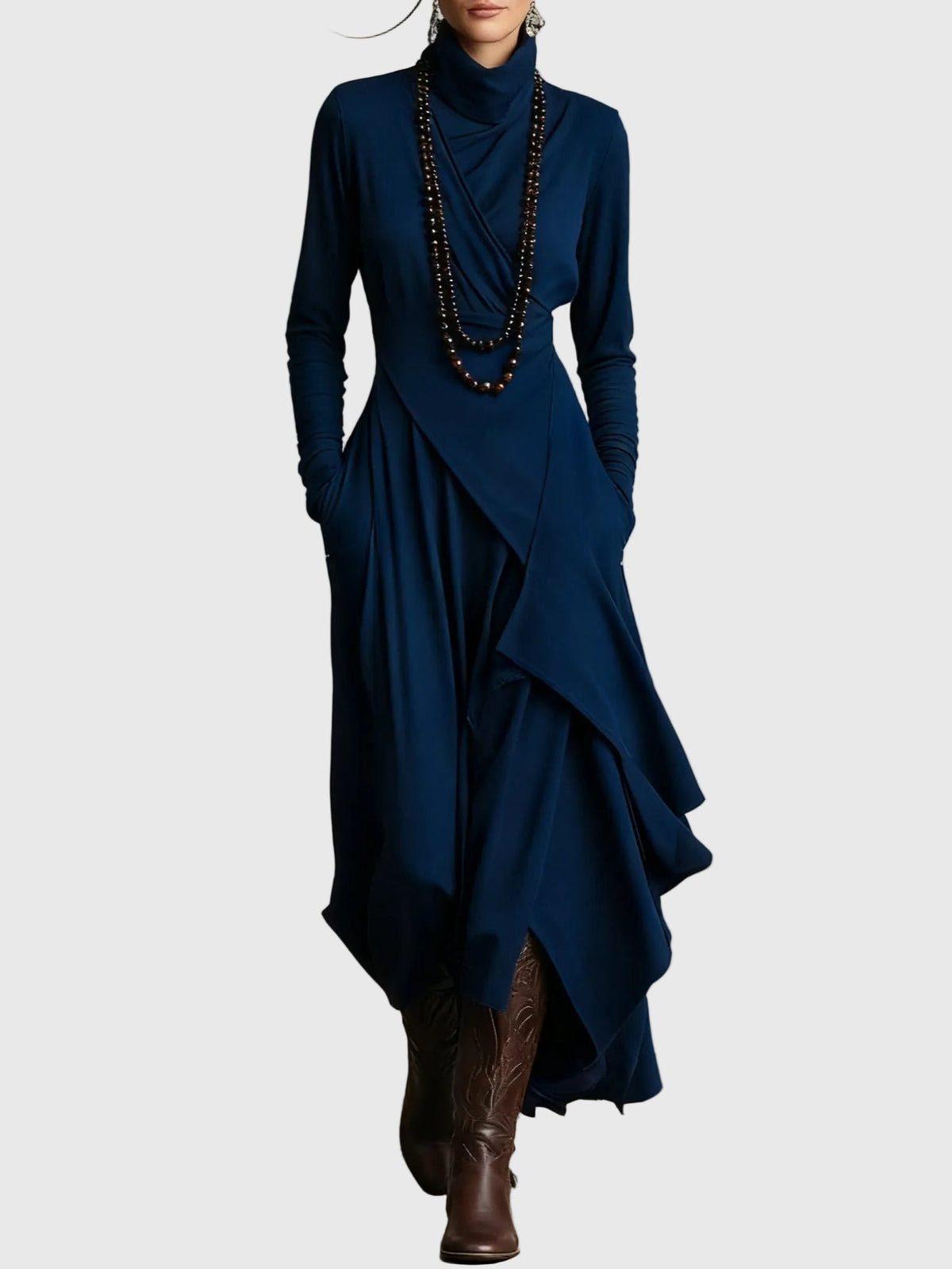 Violet | Maxi Dress Women Long Sleeve High Neck Draped Purple Boho Rayon Fall Winter