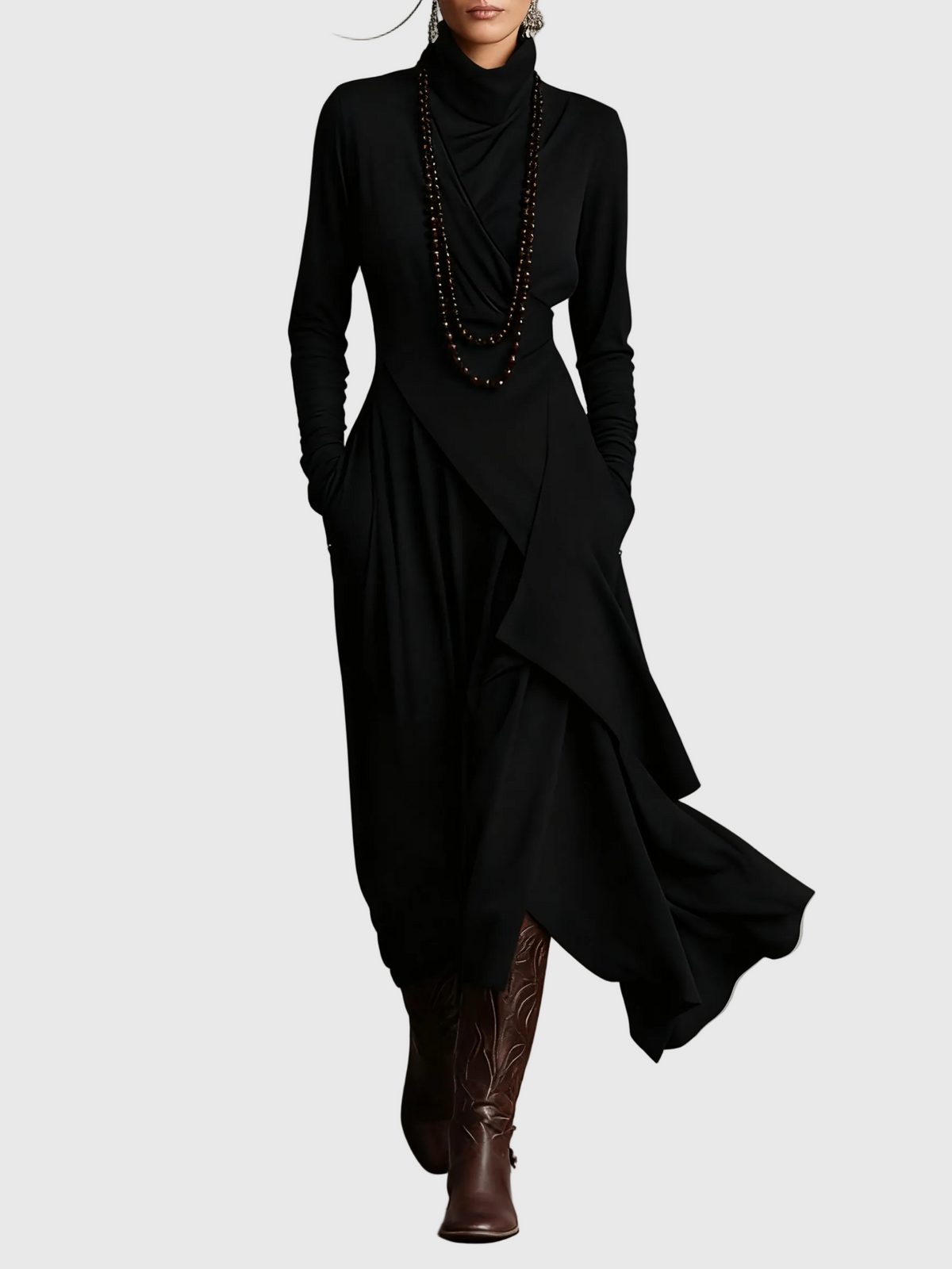 Violet | Maxi Dress Women Long Sleeve High Neck Draped Purple Boho Rayon Fall Winter
