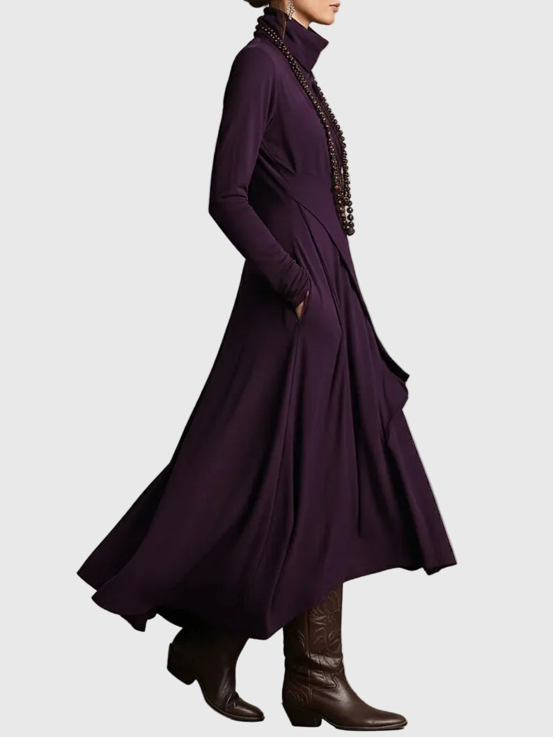 Violet | Maxi Dress Women Long Sleeve High Neck Draped Purple Boho Rayon Fall Winter