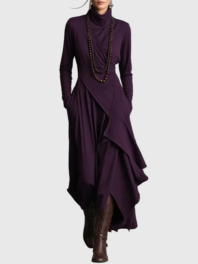 Violet | Maxi Dress Women Long Sleeve High Neck Draped Purple Boho Rayon Fall Winter