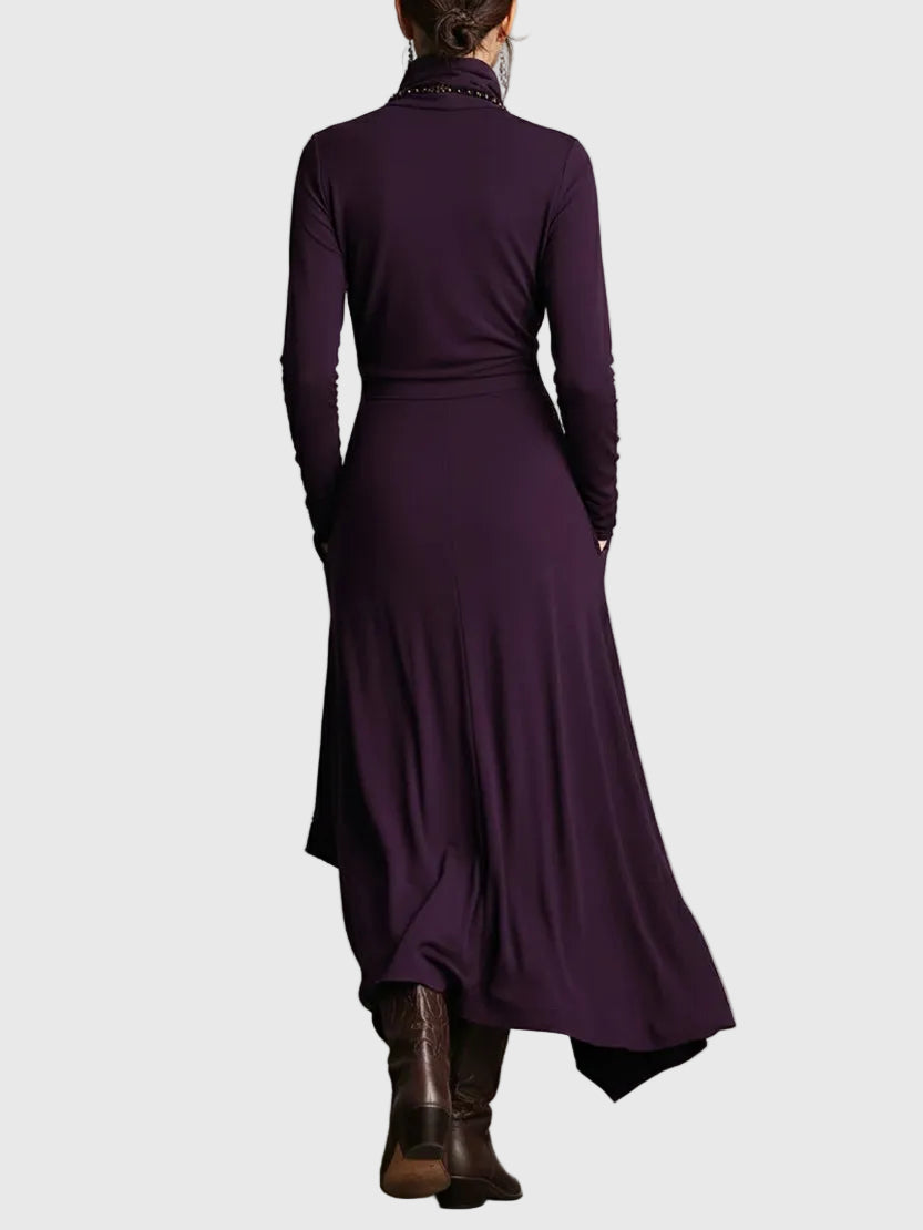 Violet | Maxi Dress Women Long Sleeve High Neck Draped Purple Boho Rayon Fall Winter