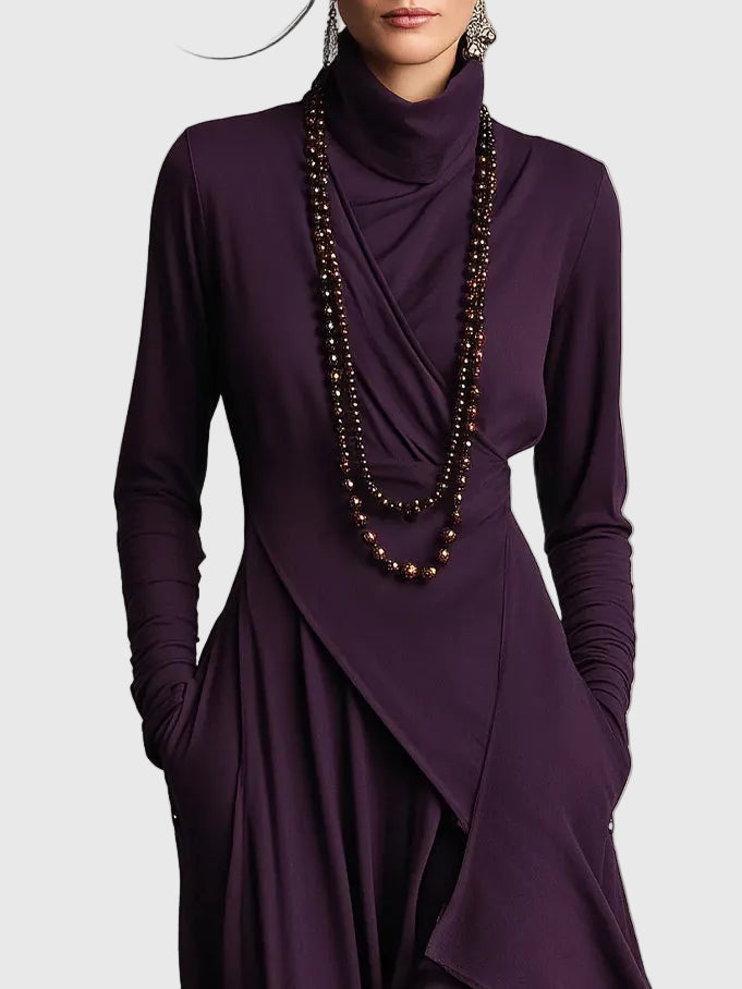 Violet | Maxi Dress Women Long Sleeve High Neck Draped Purple Boho Rayon Fall Winter