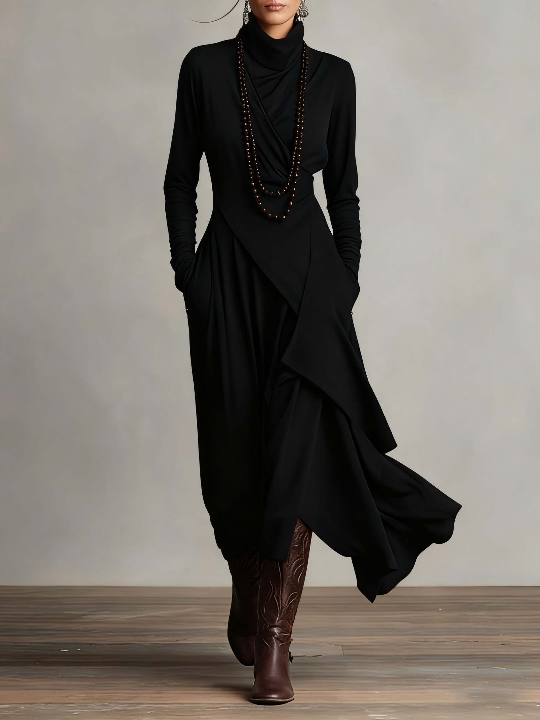 Summer maxi dress for women by Christine Brewer featuring a high neck and long sleeves, perfect for warm-weather styling.