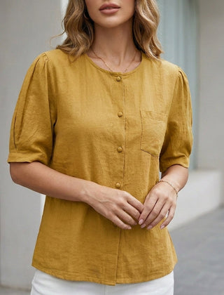 Yellow linen summer blouse for women with short sleeves and front pockets by Christine Brewer, casual and breathable top.