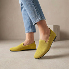 Yellow knit summer top for women by Christine Brewer, casual and stylish women's clothing top for warm-weather wear.
