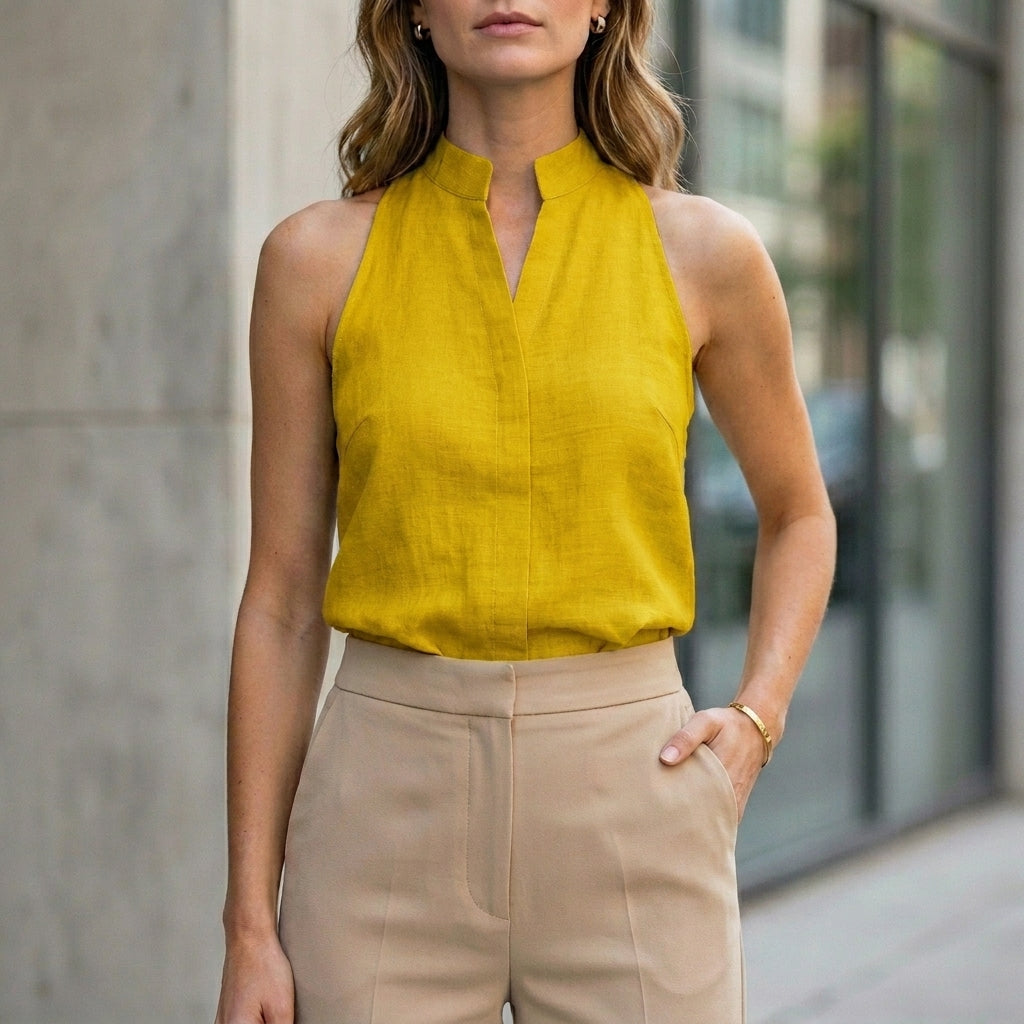 Yellow sleeveless denim summer blouse for women by Christine Brewer, casual top with a relaxed fit and sleeveless design.