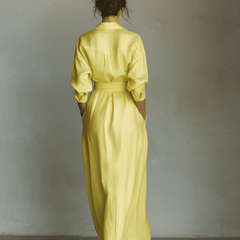 Yellow linen maxi dress for women by Christine Brewer, flowing sleeveless dress with a relaxed fit and ankle-length design.