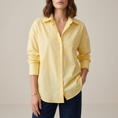 Yellow linen summer top for women by Christine Brewer, button-front blouse with a relaxed, casual style.
