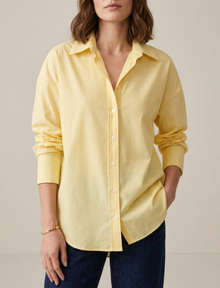 Yellow linen summer top for women by Christine Brewer, button-front blouse with a relaxed, casual style.