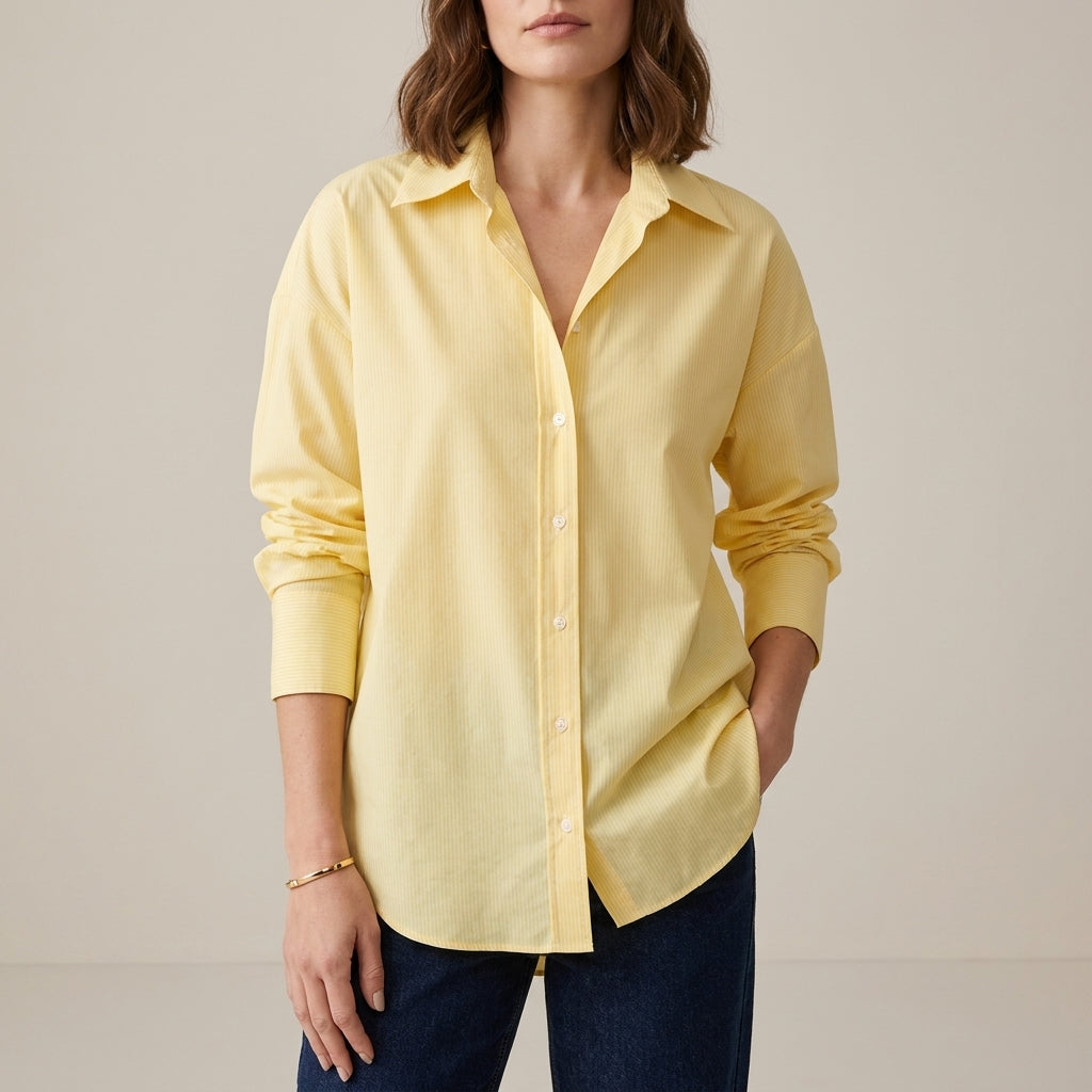 Yellow linen summer top for women by Christine Brewer, button-front blouse with a relaxed, casual style.