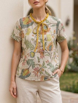 Yellow floral summer blouse for women by Christine Brewer, short sleeve top with a breezy, stylish design.