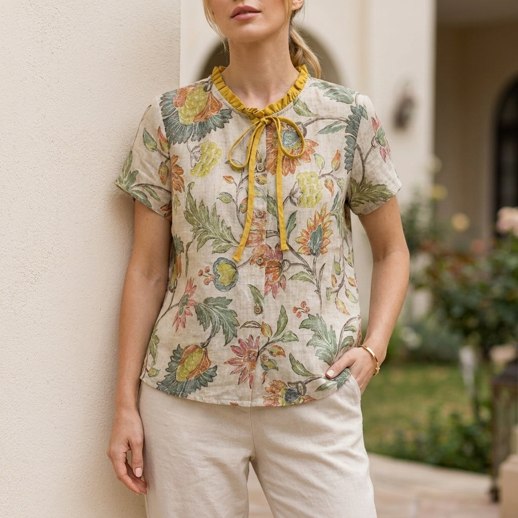 Yellow floral summer blouse for women by Christine Brewer, short sleeve top with a breezy, stylish design.