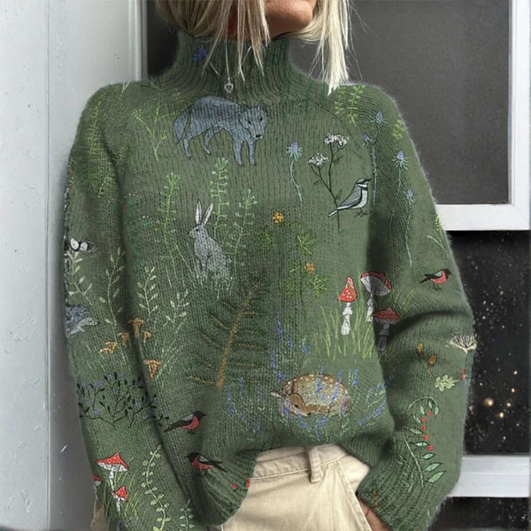 Emery women's floral turtleneck sweater by Christine Brewer, featuring a cozy knit with colorful flower patterns.