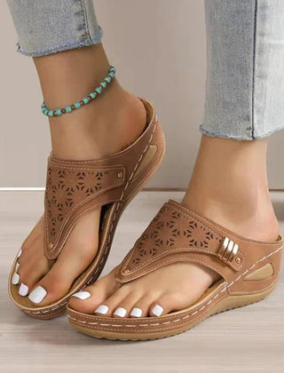 Laser-cut thong wedge sandals for women by Christine Brewer, featuring orthopedic support, soft insole, and non-slip sole.