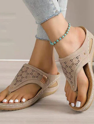 Laser-cut thong wedge sandals for women by Christine Brewer, featuring orthopedical support, soft leather, and slip-resistant sole.