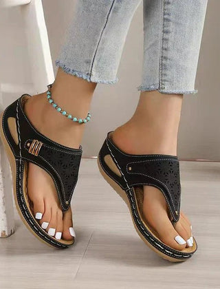 Laser-cut thong wedge sandals for women by Christine Brewer, featuring orthopedic support, soft insoles, and anti-slip soles.